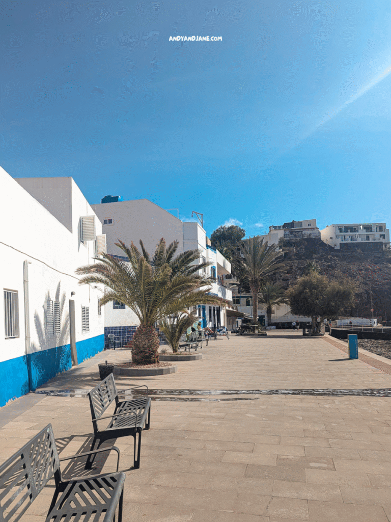 A coastal plaza with benches, palm trees, and white buildings with blue accents under a clear blue sky.