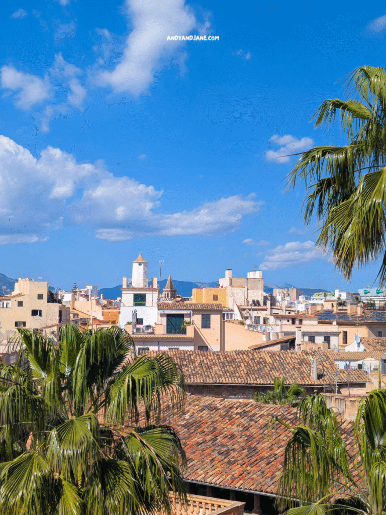 A bright blue sky over a scenic view of terracotta rooftops and palm trees in a charming Mediterranean city.