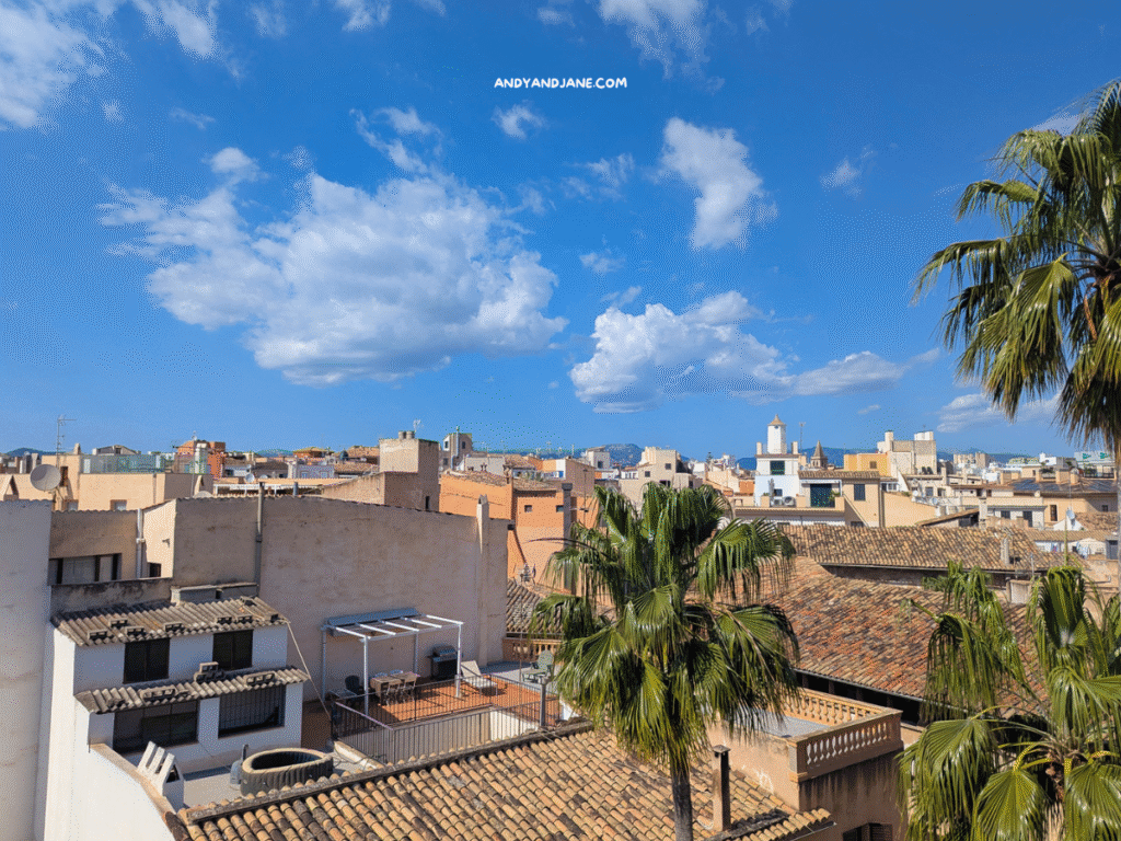 A clear blue sky with fluffy clouds above a scenic view of rooftops and palm trees in a sunny town.