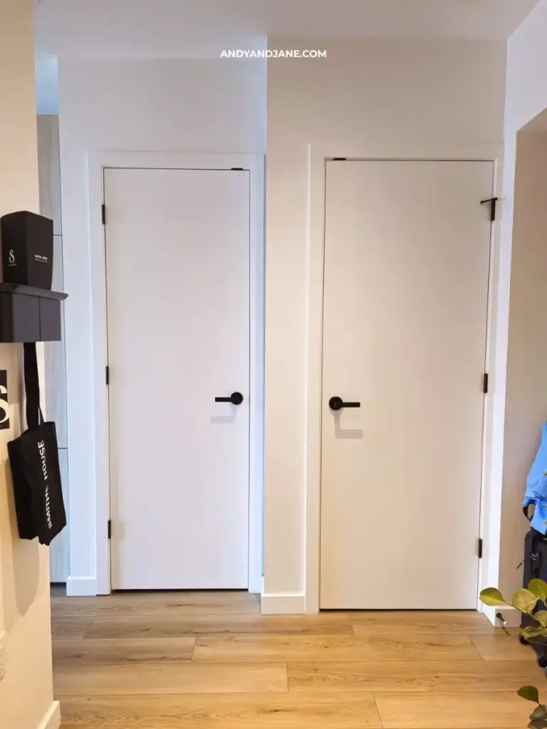 Two white doors with black handles are centered in a light-colored hallway, with wooden flooring. A small plant and shelves with bags are visible.