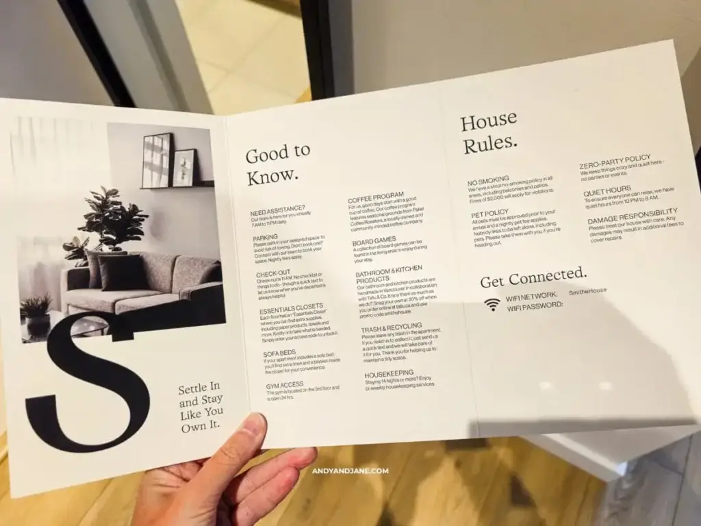 A brochure with three sections: "Settle In and Stay Like You Own It" with a living room image; "Good to Know" listing amenities; "House Rules" with policies and WiFi details.